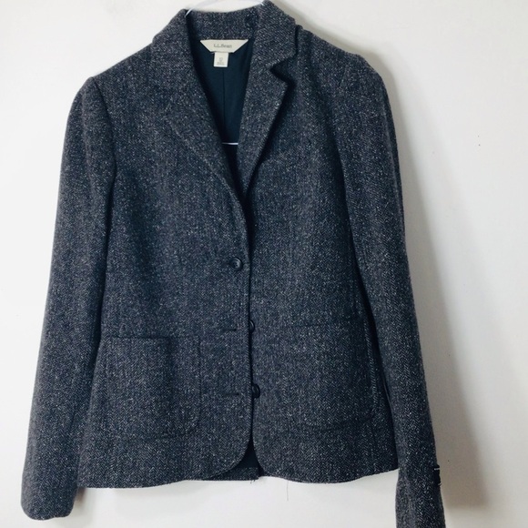 LL Bean tweed wool blazer xs black grey women classic career modest feminine - Picture 1 of 9